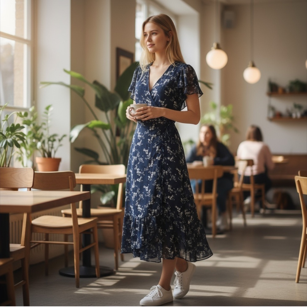 DREW for Anthropologie Navy Floral Print Wrap Maxi Dress Boho Style Size Small